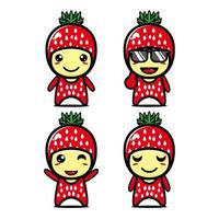 collection de jeu de personnage de conception de mascotte de fraise mignon. isolé sur fond blanc. concept de paquet d'idées de logo de mascotte de personnage mignon vecteur