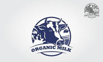 modèle de logo vectoriel de lait biologique. ce logo est du lait frais et une silhouette de tête de vache. ce logo pourrait être utilisé comme principal élément d'identité d'une ferme ou d'un magasin biologique, d'un restaurant végétarien.