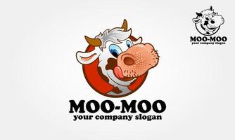 personnage de dessin animé de logo moo-moo. vache de dessin animé heureuse, illustration d'une vache et d'un signe. personnage de dessin animé avec un style amusant, peut rendre votre mascotte d'en-tête ou de logo plus amusante et ludique. vecteur