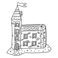 château rétro doodle linéaire de dessin animé avec drapeau isolé sur fond blanc. vecteur