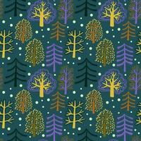 joli motif harmonieux de forêt avec des arbres d'été de dessin animé et des points dans un style de doodle plat. fond boisé. vecteur