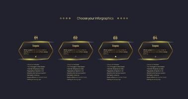 ensemble de boutons dorés sur la conception de bannières d'options de luxe sur fond sombre et quatre modèles de boutons premium utilisés dans le diagramme, le graphique, le plan de travail et la présentation des éléments financiers et commerciaux vecteur