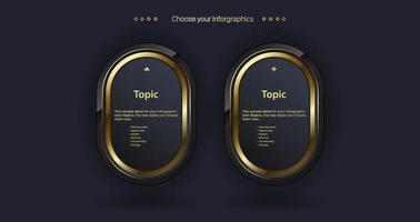 modèle d'infographie polyvalent vectoriel de deux cercles dorés avec deux options d'éléments et version dorée premium sur fond sombre avec 2 conceptions de modèle de graphique d'informations dorées