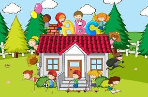 scène avec de nombreux enfants jouant à la maison vecteur