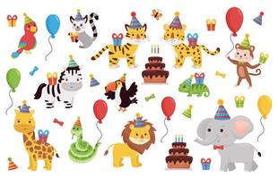 ensemble d'animaux d'anniversaire. collection de personnages de dessins animés avec des cadeaux, des ballons et des gâteaux. animaux d'Afrique et de la jungle. vecteur