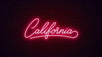 enseigne de lettrage au néon de californie. texte rouge brillant pour le nom du bar, du club, etc. inscription prête pour le formulaire d'enseigne au néon. californie, création de logo au néon.