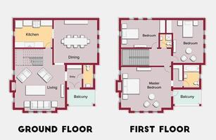 plan d'étage de couleur architecturale pour une maison à deux étages trois chambres.