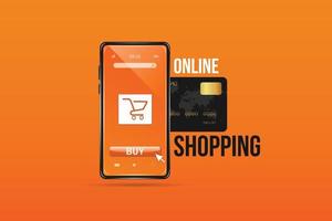 carte de crédit noire insérée dans un smartphone qui ressemble à une boutique en ligne. avec le symbole du panier pour les achats en ligne pour la conception de concept d'achat en ligne. sur fond orange. vecteur