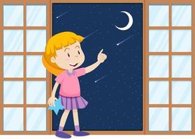 petite fille pointant le doigt vers la lune vecteur