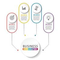 le vecteur de conception d'infographie de la chronologie et les icônes marketing peuvent être utilisés pour la mise en page du flux de travail, le diagramme, le rapport annuel, la conception Web. concept d'entreprise avec 4 options, étapes ou processus.