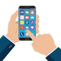 main touchant un téléphone intelligent avec des icônes sur l'écran. illustration vectorielle plane. vecteur