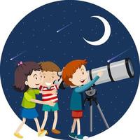 des enfants heureux observent le ciel nocturne avec un télescope vecteur