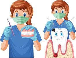Dentiste tenant des instruments et examinant les dents sur fond blanc vecteur