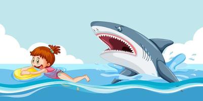 une fille s'échappe d'un requin agressif vecteur