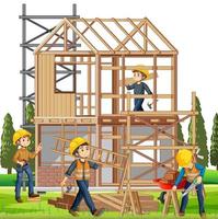chantier de construction de maison avec des ouvriers vecteur