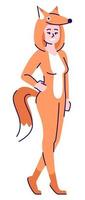 femme portant un costume de renard illustration vectorielle de couleur rvb semi-plate. personnage posant. carrière dans l'industrie du divertissement. interprète de personnage de costume professionnel personnage de dessin animé isolé sur fond blanc vecteur
