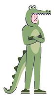 artiste masculin portant un costume de crocodile illustration vectorielle de couleur rgb semi-plate. personnage debout. industrie du divertissement. mascotte de zoo professionnel interprète isolé personnage de dessin animé sur fond blanc vecteur