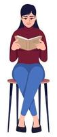 jolie femme avec livre illustration vectorielle de couleur rgb semi-plat. personnage assis aux jambes croisées. visite de la bibliothèque. dame lisant pour le plaisir personnage de dessin animé isolé sur fond blanc vecteur