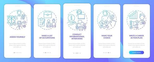 trouver les bonnes étapes d'occupation de l'écran de l'application mobile d'intégration en dégradé bleu. pas à pas en 5 étapes pages d'instructions graphiques avec des concepts linéaires. ui, ux, modèle d'interface graphique. myriade de polices pro-gras régulières utilisées vecteur