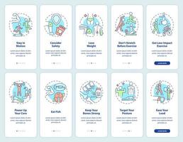 ensemble d'écrans d'application mobile d'intégration de la santé des os et des articulations. Procédure de nutrition saine 5 étapes pages d'instructions graphiques avec des concepts linéaires. ui, ux, modèle d'interface graphique. une myriade de polices pro-gras régulières utilisées vecteur