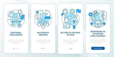 écran de l'application mobile d'intégration bleue des compétences générales hr. embauche de travail pas à pas 4 étapes pages d'instructions graphiques avec des concepts linéaires. ui, ux, modèle d'interface graphique. myriade de polices pro-gras régulières utilisées vecteur