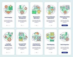 ensemble d'écrans d'application mobile d'intégration des tendances agricoles. Procédure pas à pas pour l'agriculture Pages d'instructions graphiques en 5 étapes avec des concepts linéaires. ui, ux, modèle d'interface graphique. myriade de polices pro-gras régulières utilisées vecteur