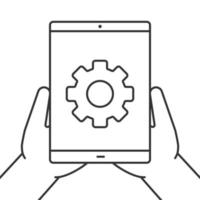 mains tenant l'icône linéaire de la tablette. réglages de l'appareil. illustration de la ligne mince. ordinateur tablette avec roue dentée. symbole de contour. dessin de contour isolé de vecteur