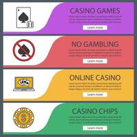ensemble de modèles de bannière web de casino. jeu de cartes, interdiction de jeu, poker en ligne, jeton de casino. éléments de menu de couleur du site Web. concepts de conception d'en-têtes vectoriels