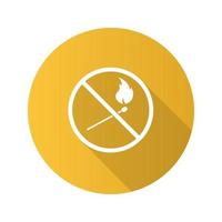 signe interdit avec icône de glyphe d'ombre longue à design plat d'allumette en feu. aucune interdiction de feux nus. illustration vectorielle silhouette vecteur
