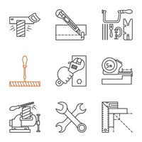 ensemble d'icônes linéaires d'outils de construction. scie à tenon, couteau de papeterie, tournevis, clé, mètre, étau, clés croisées, équerre. symboles de contour de ligne mince. illustrations vectorielles isolées vecteur