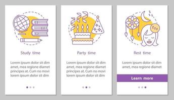 écran de page d'application mobile d'intégration de temps d'étude, de fête et de repos avec des concepts linéaires. instructions graphiques des étapes quotidiennes de l'horaire des étudiants. ux, ui, modèle vectoriel gui avec illustrations