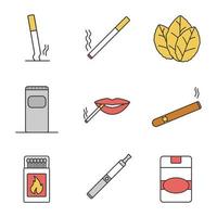 jeu d'icônes de couleur de fumer. cigarettes écrasées et brûlées, feuilles de tabac, poubelle, bouche de fumeur, cigare, boîte d'allumettes, vape, paquet de cigarettes. illustrations vectorielles isolées vecteur