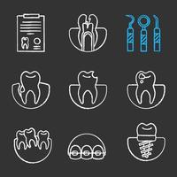 jeu d'icônes de craie dentaire. rapport médical, mal de dents, instruments dentaires, gingivite, dent cassée, carie, implant, appareil dentaire, dents tordues. illustrations de tableau de vecteur isolé