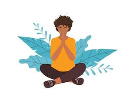 femme afro médite dans les feuilles. illustration vectorielle pour le yoga, la méditation, un mode de vie sain vecteur