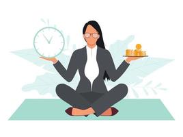 concept d'autodiscipline et de gestion du temps. femme de bureau avec des horloges et de l'argent sur la balance. illustration vectorielle