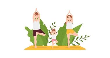 yoga en famille au parc. mère, père et fille démontrant la pose de yoga des arbres. illustration vectorielle vecteur