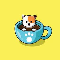 chat mignon sur l'illustration d'icône de vecteur de dessin animé de tasse de café. concept d'icône d'aliments pour animaux isolé vecteur premium.