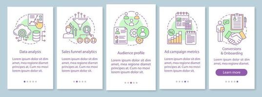 cours smm à bord du modèle vectoriel d'écran de page d'application mobile. analyses d'audience Internet. Étapes du site Web pas à pas du marketing avec des illustrations linéaires. options de ciblage publicitaire. interface de smartphone ux, ui, gui