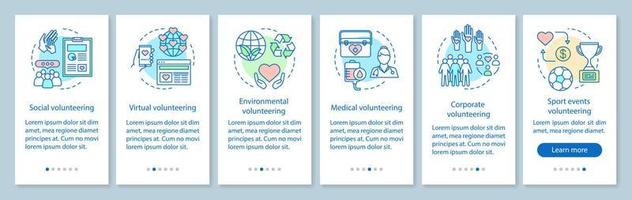 types de bénévolat modèle de vecteur d'écran de page d'application mobile d'intégration. étapes du site Web pas à pas des opportunités de bénévolat avec des illustrations linéaires. concept d'interface de smartphone ux, ui, gui