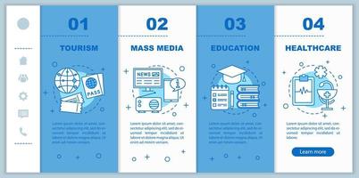 sphères de modèle de vecteur d'écran de page d'application de vie humaine. équilibre de vie. santé, médias de masse, tourisme, site Web de présentation de l'éducation avec illustrations linéaires. ux, ui, concept d'interface graphique pour smartphone