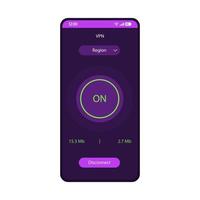 modèle de vecteur d'interface de smartphone d'application vpn. Disposition de conception violette de la page du serveur proxy mobile. écran d'application client de réseau privé virtuel. interface utilisateur plate. marche, région, boutons de déconnexion sur l'écran du téléphone