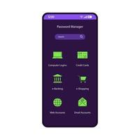 modèle de vecteur d'interface de smartphone d'application de gestionnaire de mot de passe. mise en page de conception violette de la page des comptes d'utilisateurs mobiles. connexion, écran d'application de cryptage des broches. authentification sécurisée du téléphone, connexion sécurisée à l'interface utilisateur plate