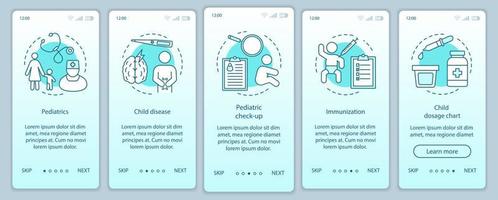 modèle de vecteur d'écran de page d'application mobile d'intégration de pédiatrie. maladie de l'enfant, bilan de santé, vaccination,. étapes du site Web pas à pas avec des illustrations linéaires. concept d'interface de smartphone ux, ui, gui