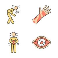 ensemble d'icônes de couleur des symptômes d'allergies saisonnières. dermatite de contact, urticaire, vih. toux, éternuements réaction allergique. conjonctivite, inflammation des yeux. maux d'estomac. illustrations vectorielles isolées vecteur