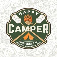 patch campeur heureux. le bonheur c'est les guimauves grillées. vecteur. conception de typographie vintage avec tente de camping, feu de camp, guimauve sur une silhouette de bâton.