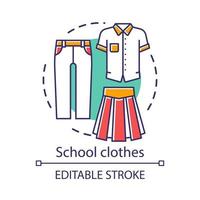 vêtements scolaires, icône de concept uniforme. illustration de fine ligne d'idée de mode officielle étudiante. vêtements de cérémonie pour hommes et femmes. t-shirt, pantalon et jupe longue vector dessin de contour isolé. trait modifiable