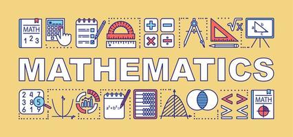 bannière de concepts de mots mathématiques. présentation, site internet. idée de typographie de lettrage isolé avec des icônes linéaires. algèbre, géométrie, statistiques, mathématiques de base. illustration de contour de vecteur