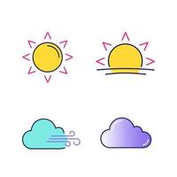 jeu d'icônes de couleur de prévisions météo. soleil, lever de soleil, coucher de soleil, temps nuageux et venteux, nuage. illustrations vectorielles isolées vecteur