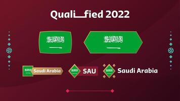 ensemble de drapeau et texte de l'arabie saoudite sur fond de tournoi de football 2022. modèle de football d'illustration vectorielle pour bannière, carte, site Web. drapeau national arabie saoudite vecteur