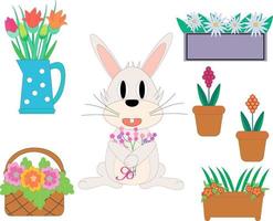 illustration vectorielle. lapin avec un bouquet de fleurs. fleurs de jardin dans un panier, des pots, des boîtes décoratives et une cruche. vecteur